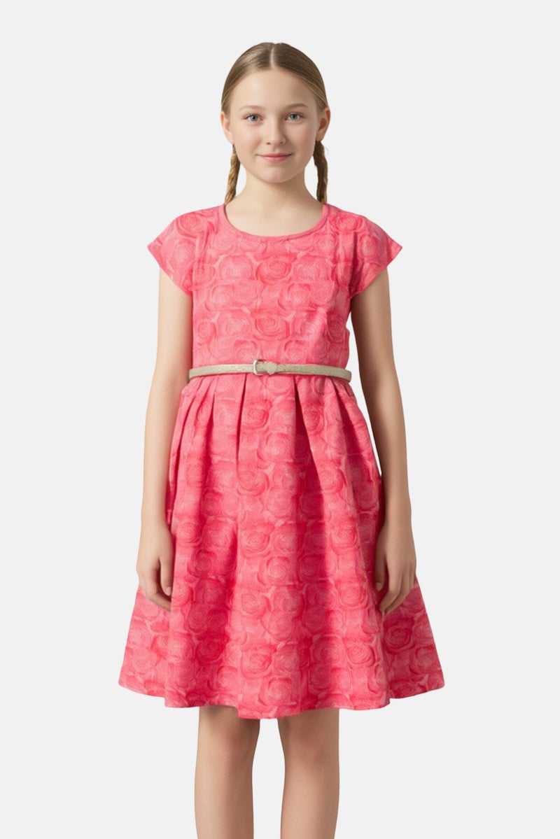 Hamleys Kids Girl Floral Pattern Belted Dress, Red - Image 1